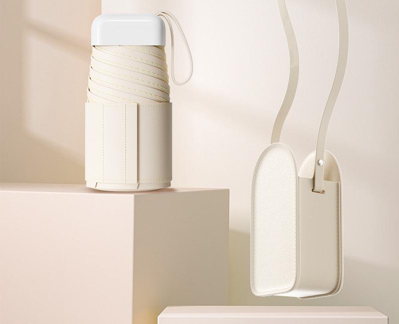 Mini Pocket Umbrella with Matching Crossbody Bag - UV Protection, 6-Rib Windproof Design(beige)