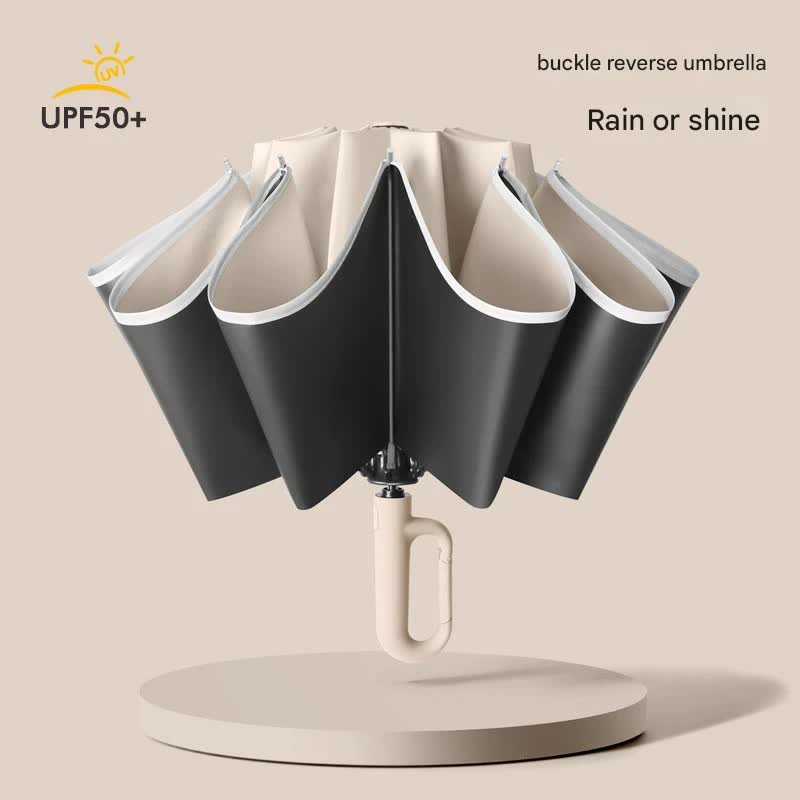 Automatic Open/Close Umbrella with UPF50+ Sun Protection - 10-Rib Windproof Design, Carabiner Handle(Black) 3
