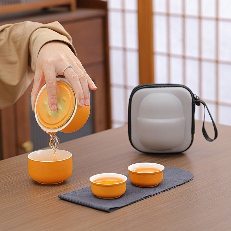 Portable Ceramic Tea Set for Travel - Quick Gaiwan with 3 Cups & Carrying Case(Orange)