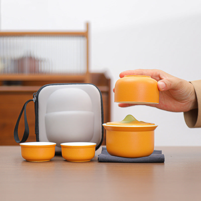 Portable Ceramic Tea Set for Travel - Quick Gaiwan with 3 Cups & Carrying Case(Orange) 3