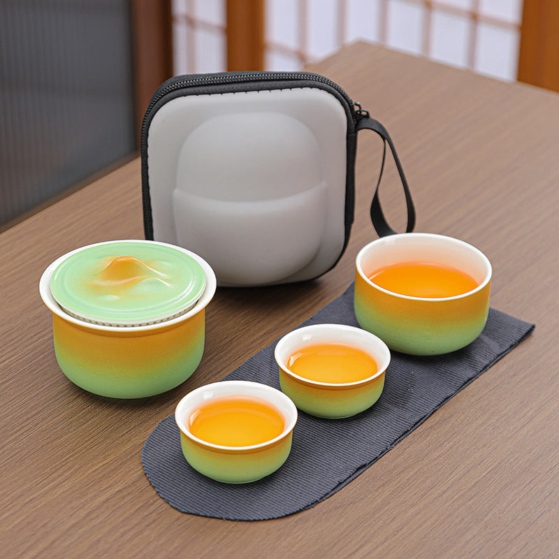Portable Ceramic Tea Set for Travel - Quick Gaiwan with 3 Cups & Carrying Case(Yellow-green gradient)