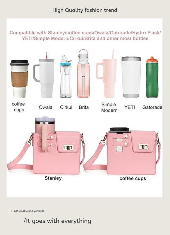 Chic PU Leather Crossbody Bag with Tumbler Holder - Multi-Compartment, Adjustable Strap,Does not include thermos cup(black) 5