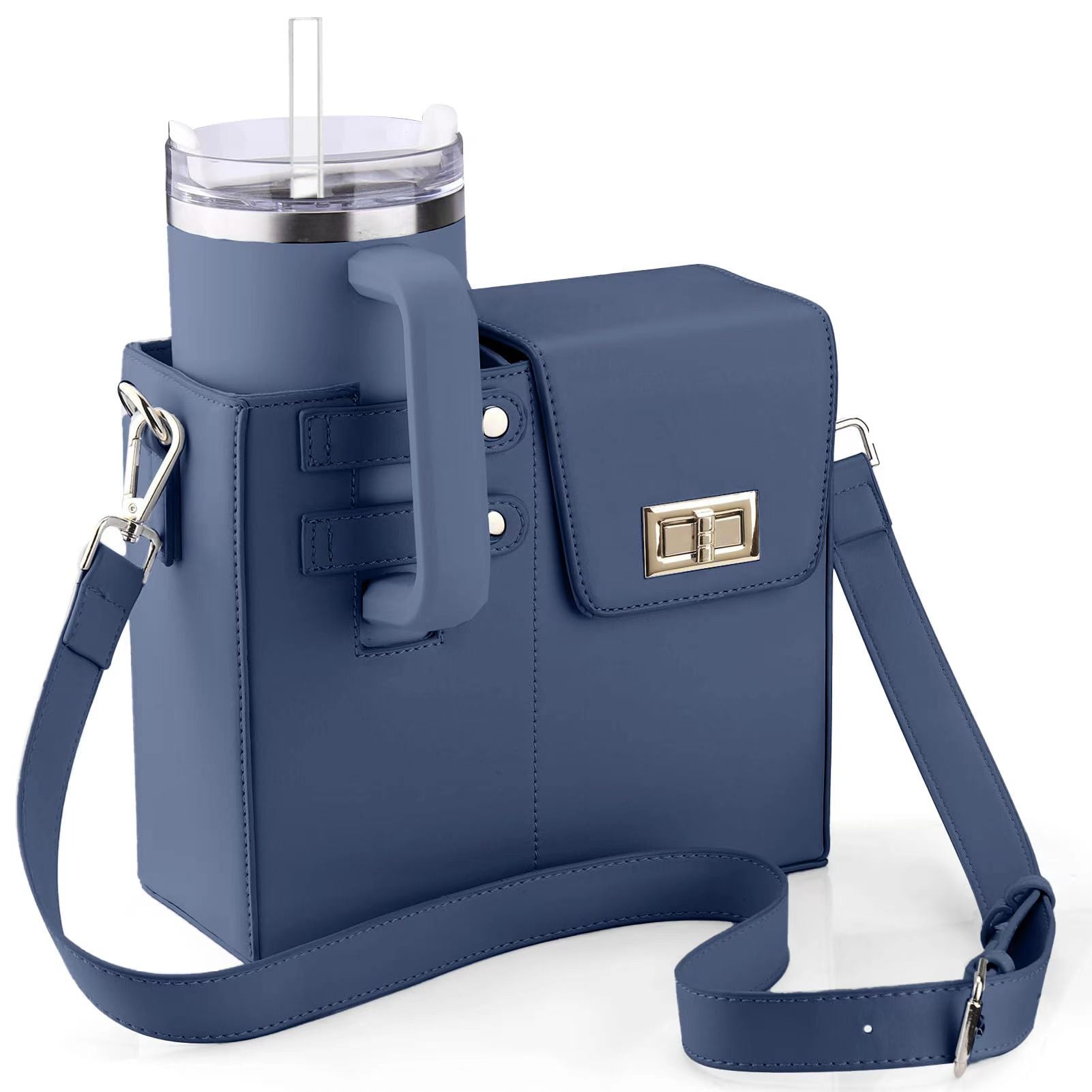 Chic PU Leather Crossbody Bag with Tumbler Holder (blue)