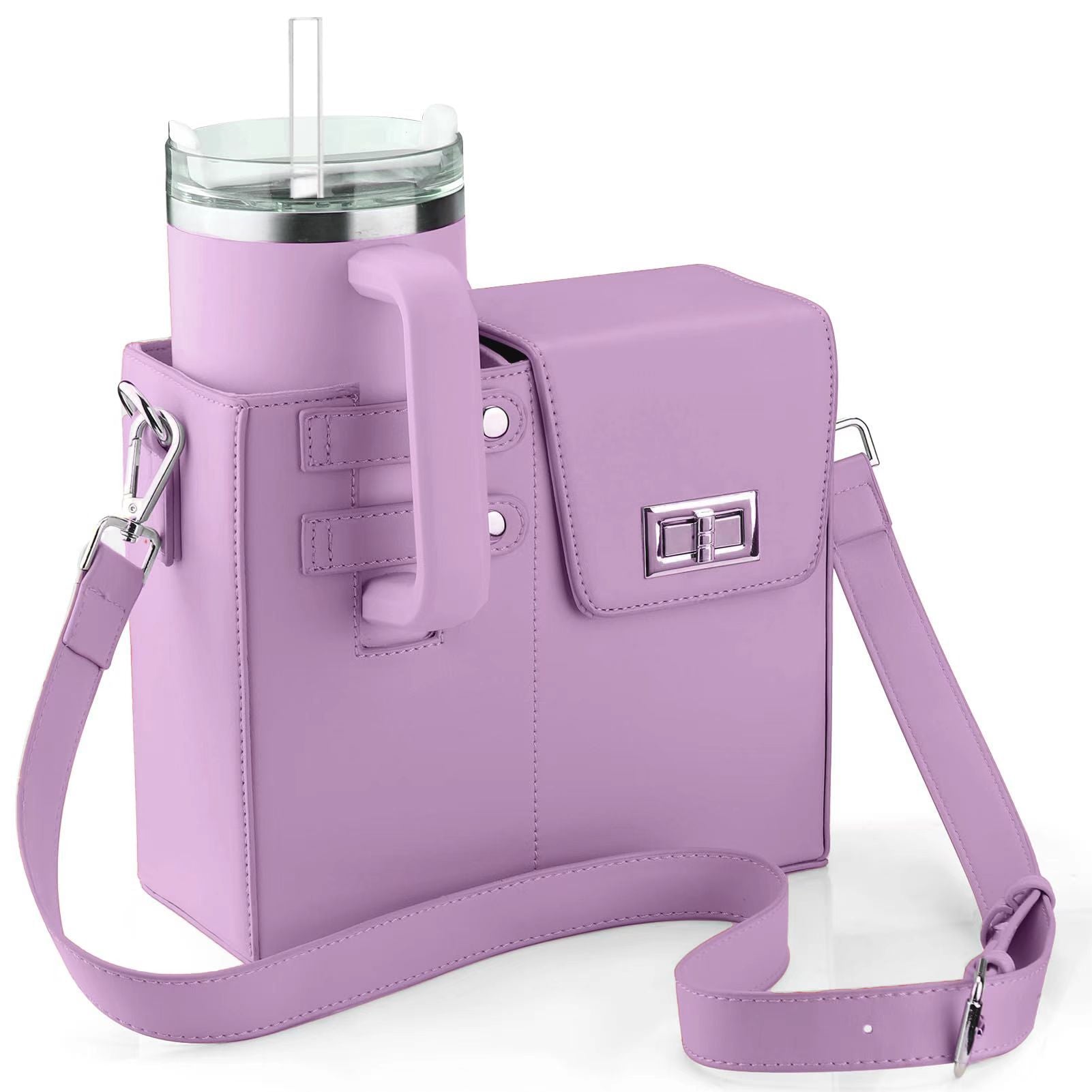Chic PU Leather Crossbody Bag with Tumbler Holder - Multi-Compartment (purple)