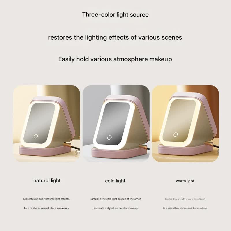 Portable Jewelry & Makeup Organizer Box with LED Touch Mirror - Rechargeable, Adjustable Lighting(white) 3