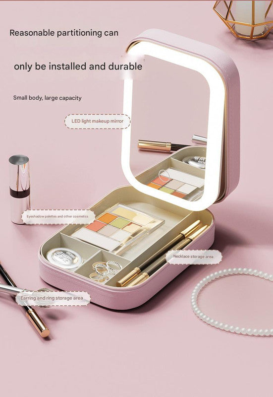 Portable Jewelry & Makeup Organizer Box with LED Touch Mirror - Rechargeable, Adjustable Lighting(white) 4
