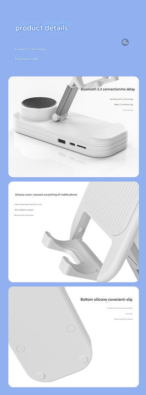 Foldable Desktop Phone Stand with Bluetooth 5.3 Speaker - Adjustable Angle & Height, TF/Line-In(white) 4