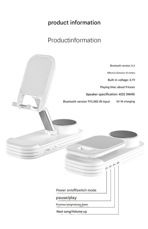 Foldable Desktop Phone Stand with Bluetooth 5.3 Speaker - Adjustable Angle & Height, TF/Line-In(black) 5