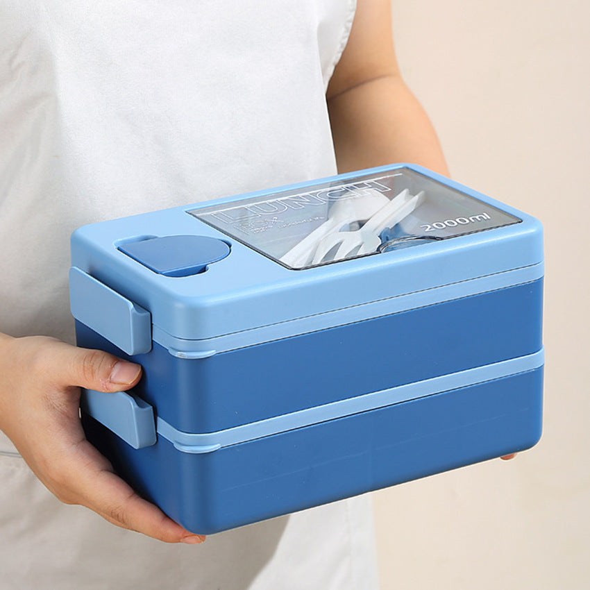 2L Double-Layer Bento Lunch Box - Leak-Proof with Utensil & Sauce Container(Orange Blue) 4