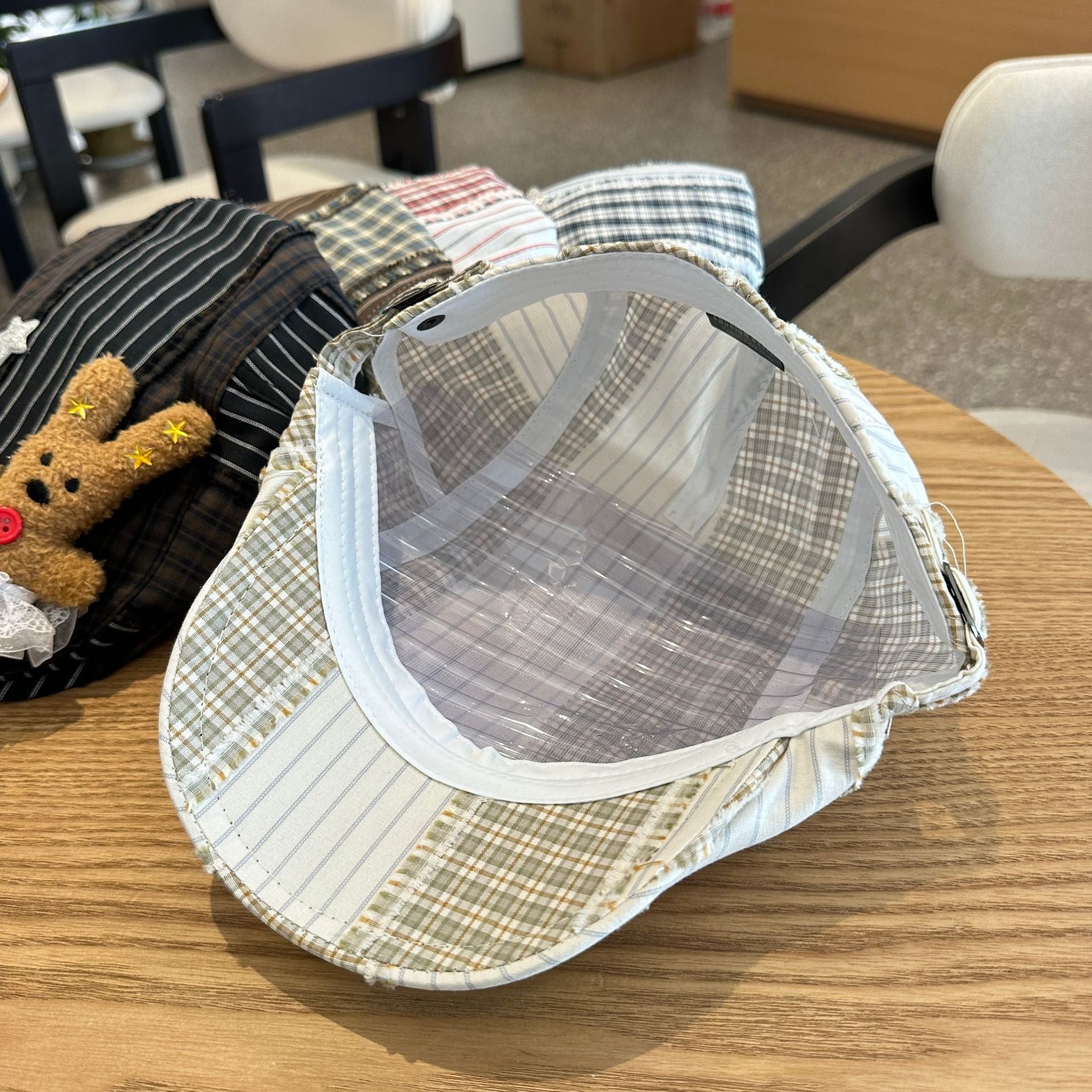 Patchwork Plaid Cotton Cap with Decorative Details(brown) 5