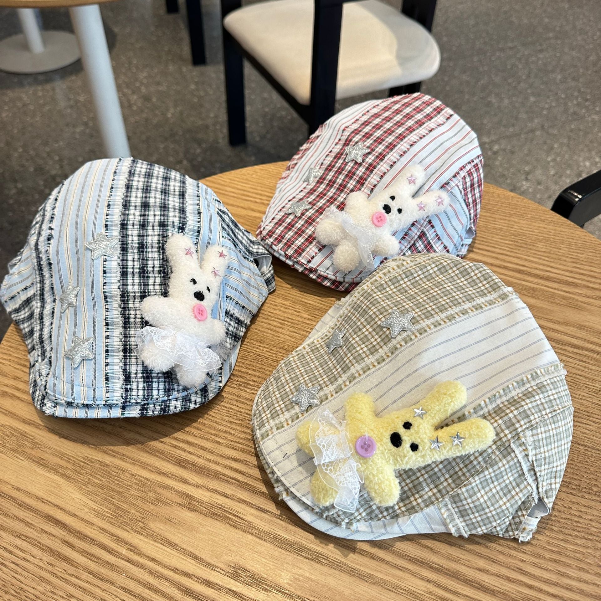 Patchwork Plaid Cotton Cap with Decorative Details(blue) 3
