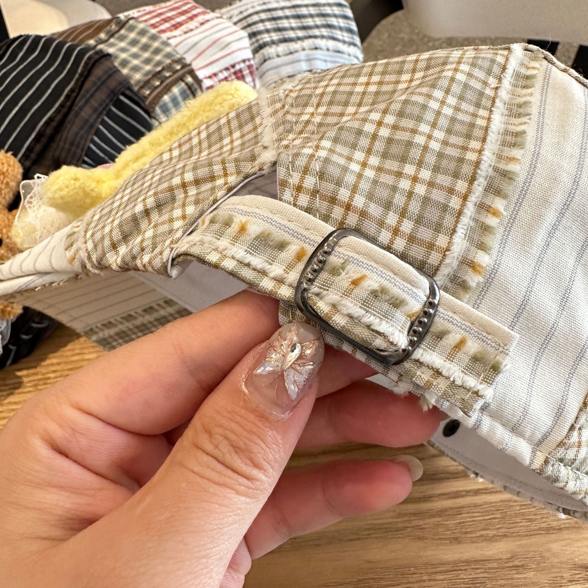 Patchwork Plaid Cotton Cap with Decorative Details(blue) 6