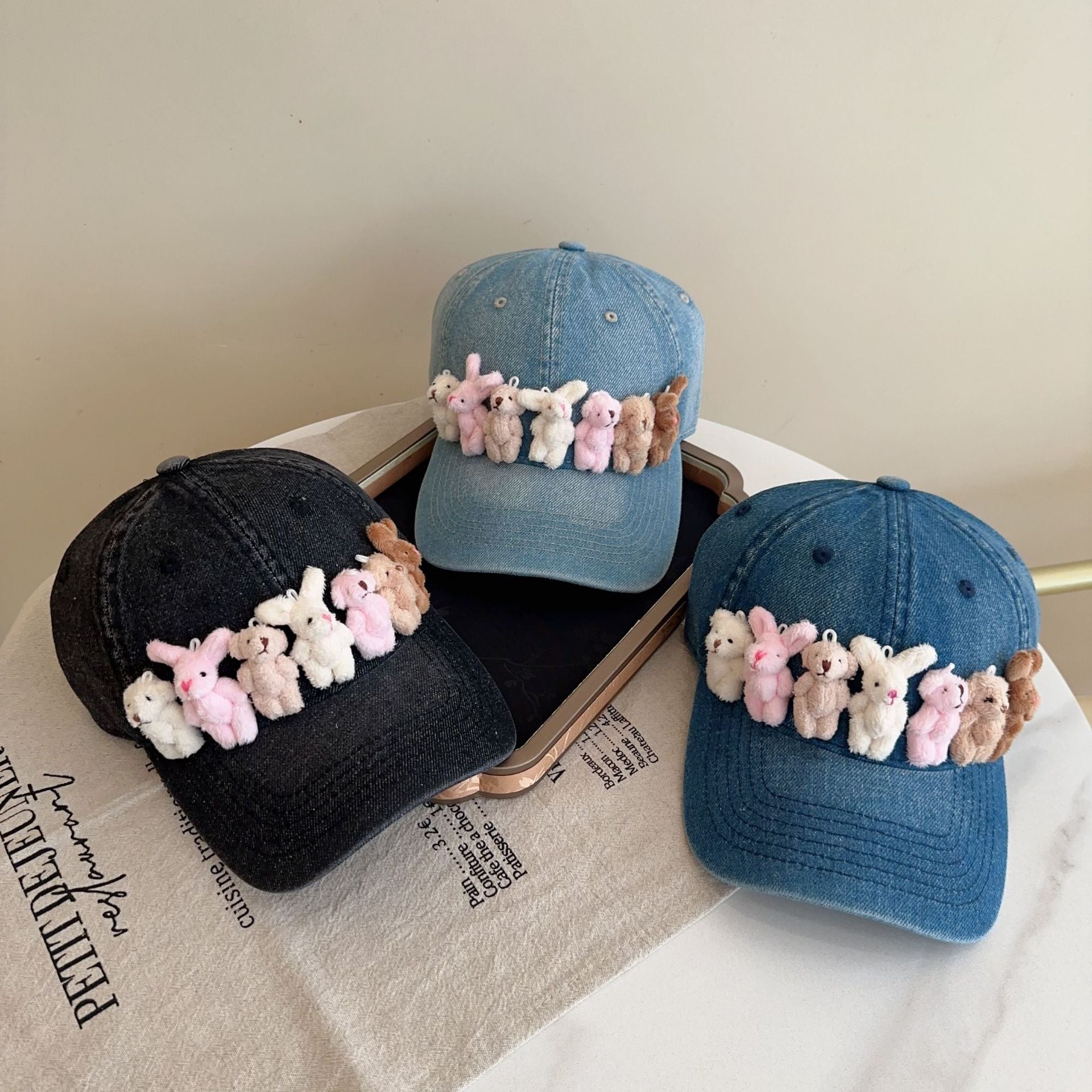 Whimsical Plush Bunny Row Denim Baseball Cap - Adjustable, Sun Protection, Breathable Comfort(Light Blue) 4