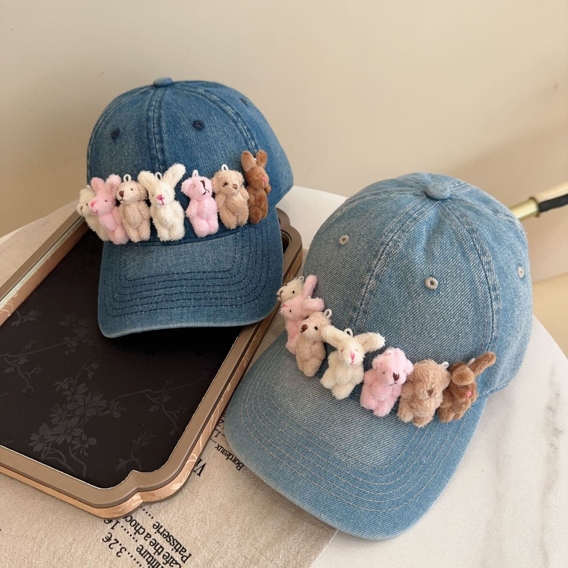 Whimsical Plush Bunny Row Denim Baseball Cap - Adjustable, Sun Protection, Breathable Comfort(Dark Blue) 3