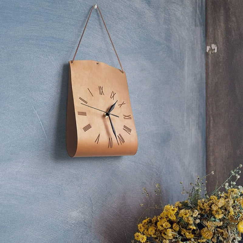Retro PU Leather Hanging Wall Clock - Silent Sweep Movement, Roman Numerals, Decorative Handbag Style(Dark Brown) 3