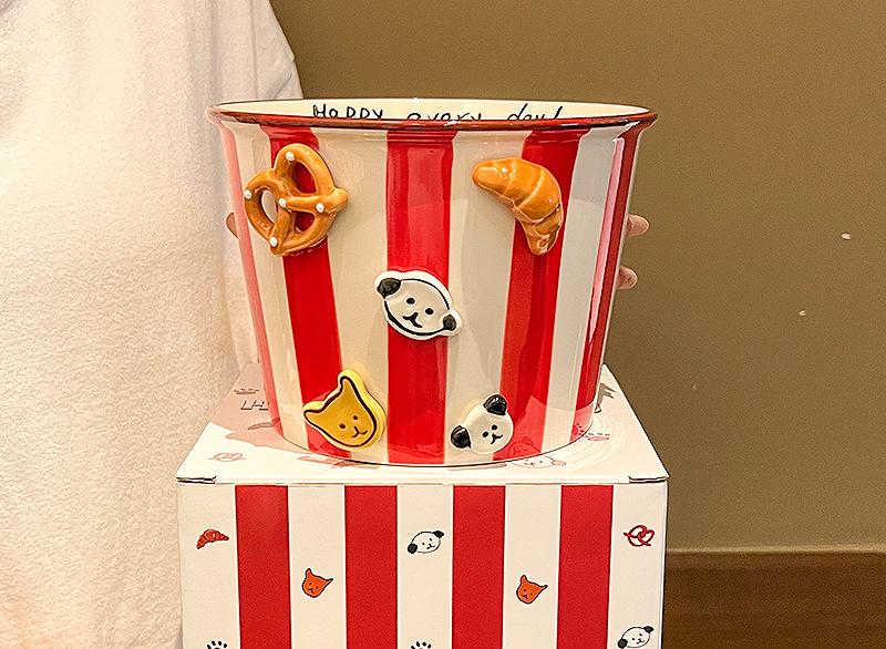 Charming Striped Ceramic Instant Noodle Bowl with 3D Accents & Happy every day!" Message(red)"