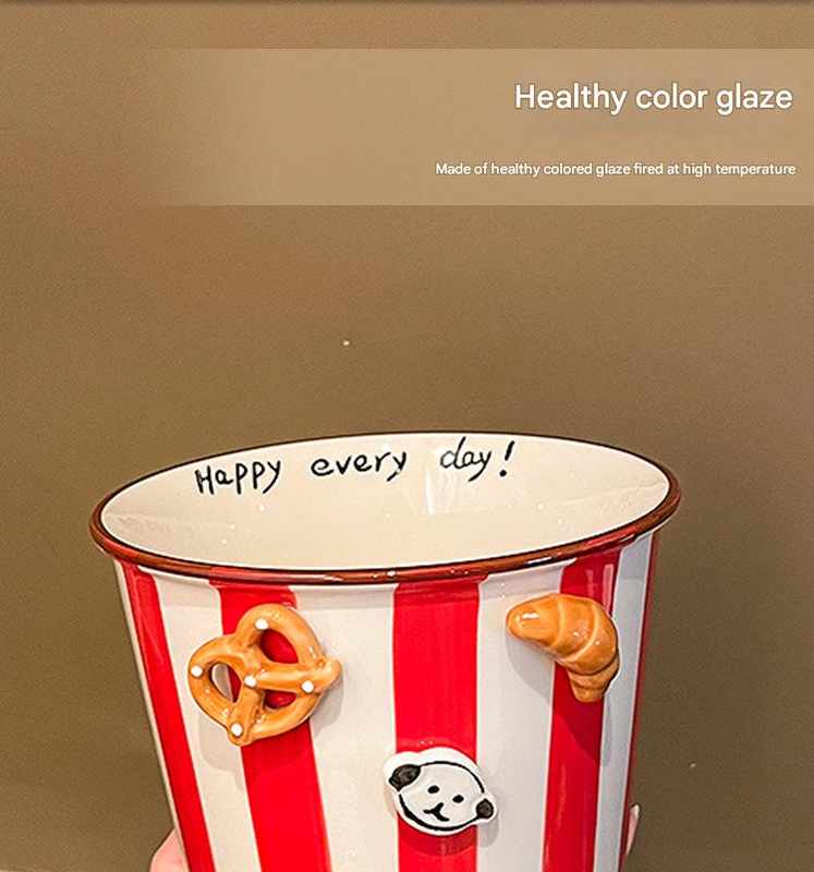 Charming Striped Ceramic Instant Noodle Bowl with 3D Accents & Happy every day!" Message(grey)" 4