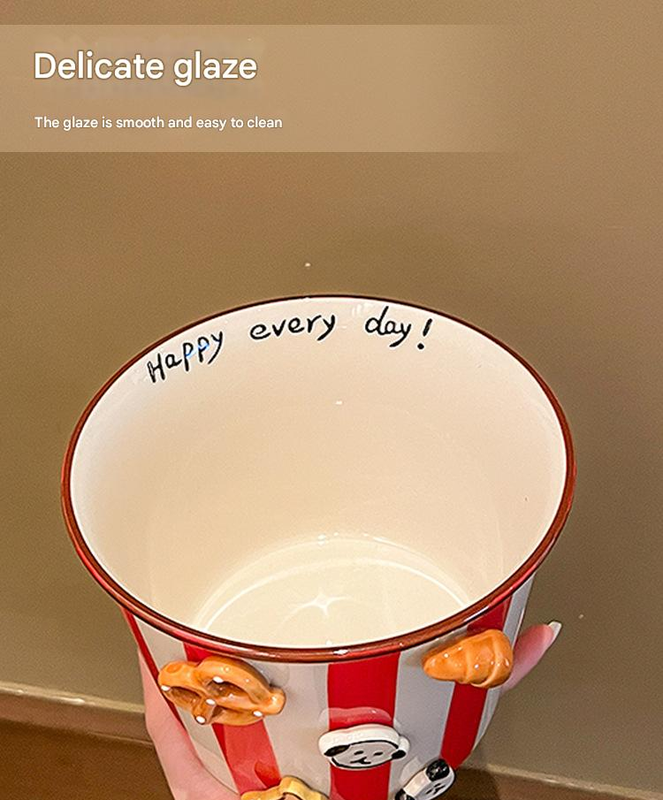 Charming Striped Ceramic Instant Noodle Bowl with 3D Accents & Happy every day!" Message(blue)" 3