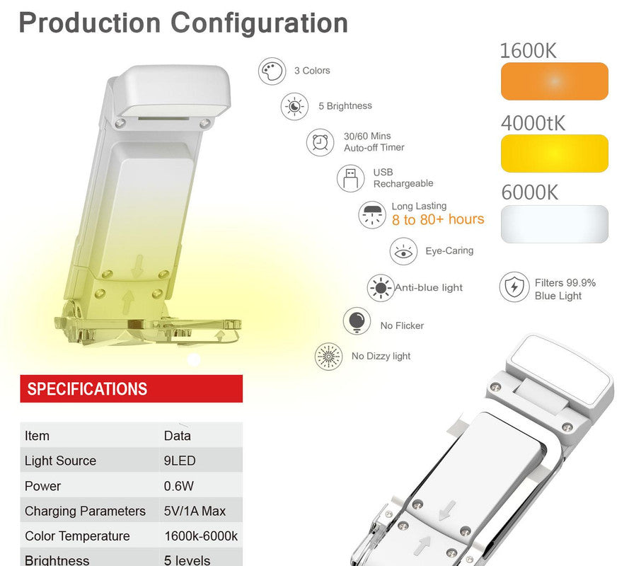 Portable Clip-On LED Reading Light - USB Rechargeable, 3 Color Modes & 5 Brightness Levels(white)