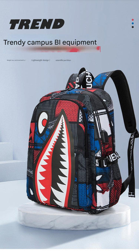 Trendsetter Shark Mouth Print Backpack - Lightweight & Breathable School Bag(Laser red)