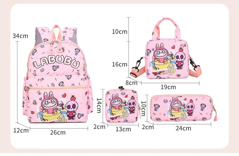 Kids Cartoon Character 3-Piece Backpack Set - Lightweight School Bag with Lunch Bag & Pencil Case(Pink) 5