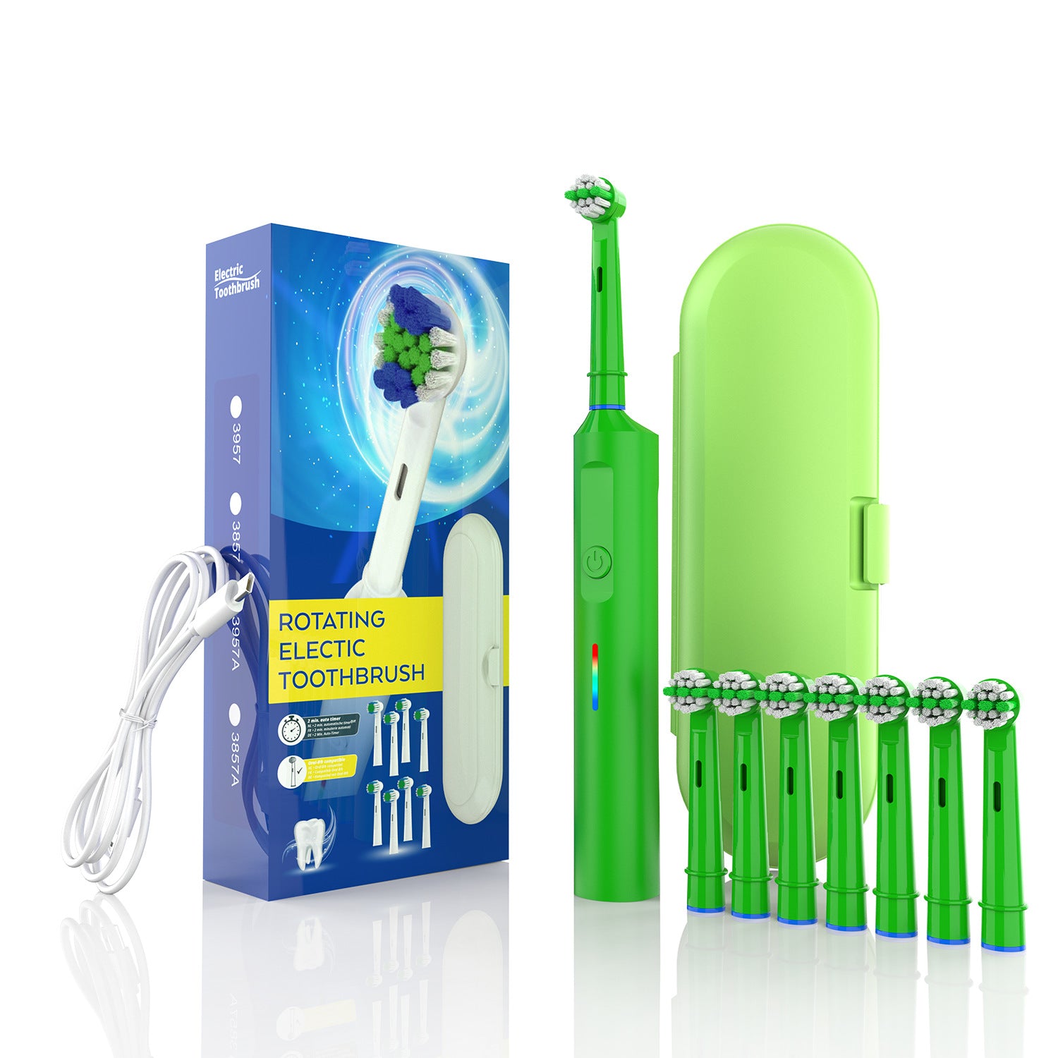Rotating Electric Toothbrush with 3D Cleaning Action - 3 Modes, IPX7 Waterproof, with Travel Case & 6 Brush Heads(green)