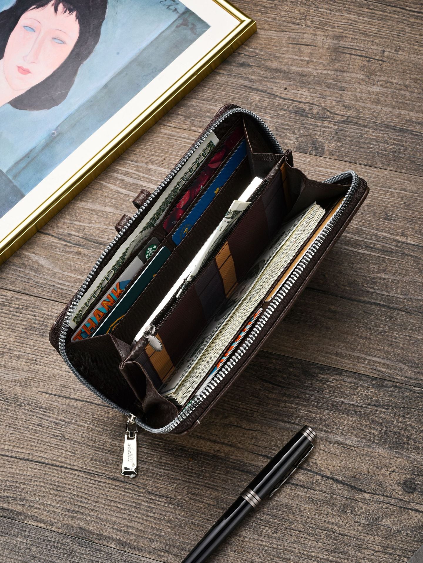 Two pieces High-Capacity PU Leather Clutch Wallet - Unisex Design with Wrist Strap, Zipper & Multiple Card Slots(black) 3