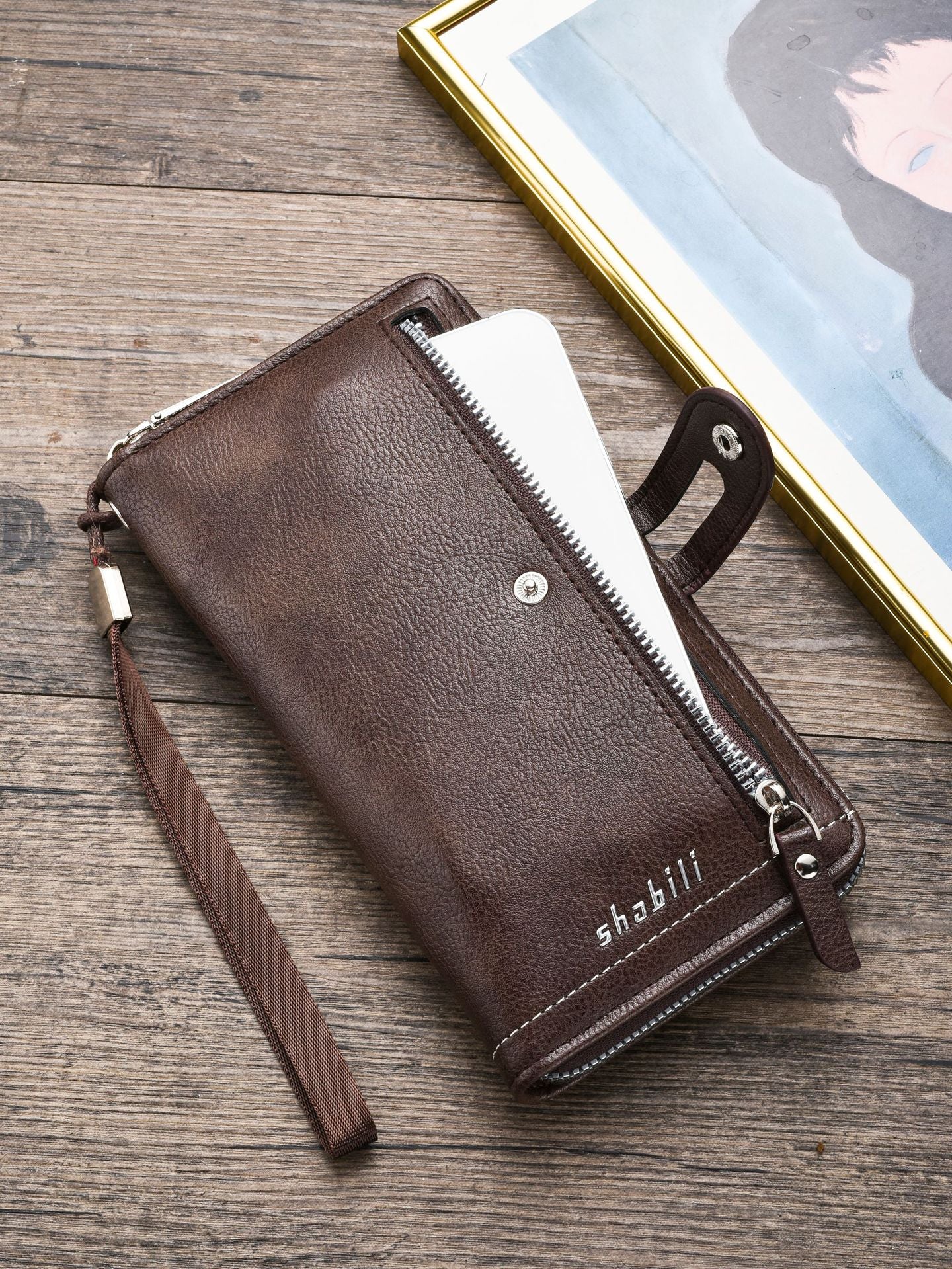 Two pieces High-Capacity PU Leather Clutch Wallet - Unisex Design with Wrist Strap, Zipper & Multiple Card Slots(Dark brown) 4