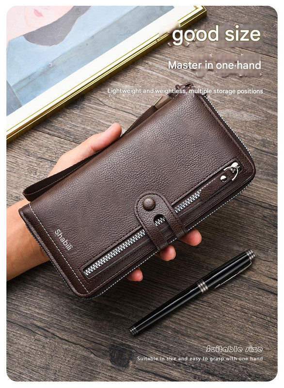 Two pieces High-Capacity PU Leather Clutch Wallet - Unisex Design with Wrist Strap, Zipper & Multiple Card Slots(Dark brown) 5