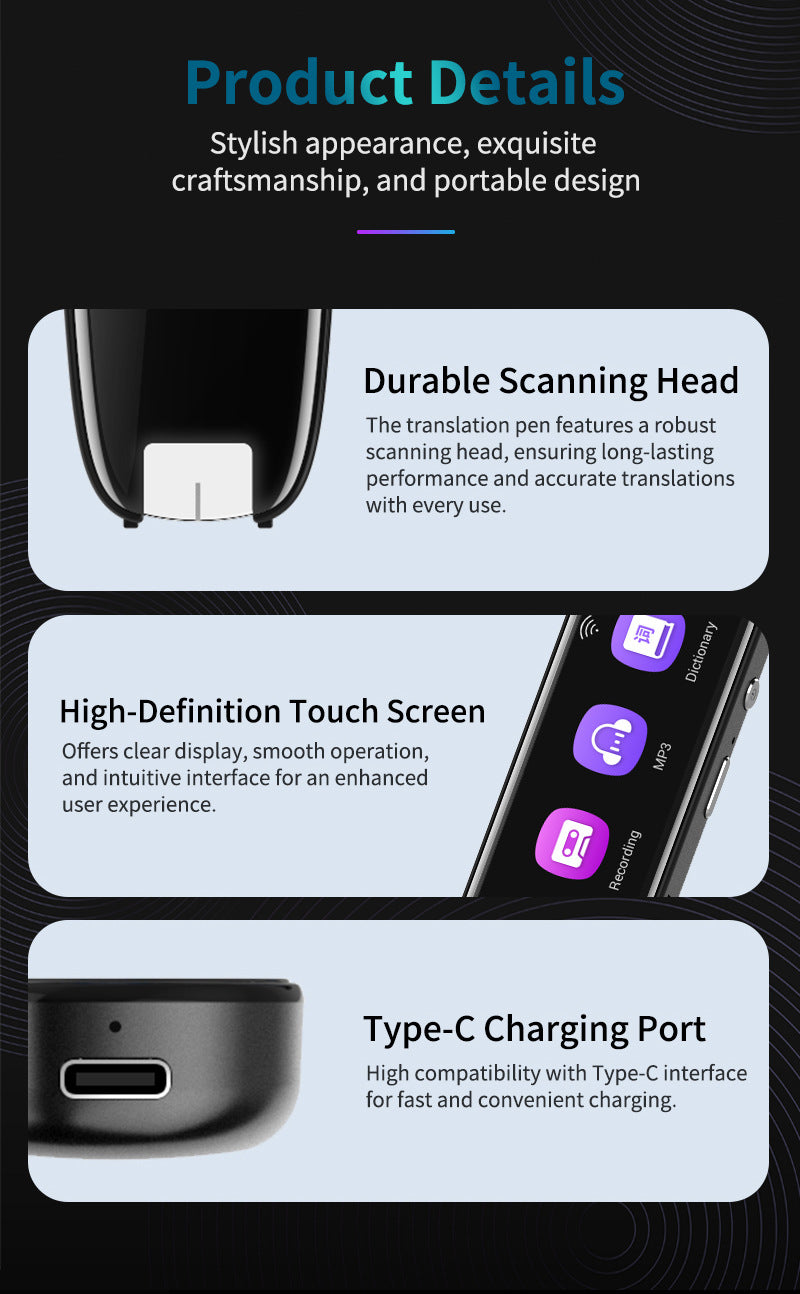 Smart AI Scan & Voice Translator Pen - 112+ Languages, Offline Mode, HD Touchscreen & Dictionary(black) 9