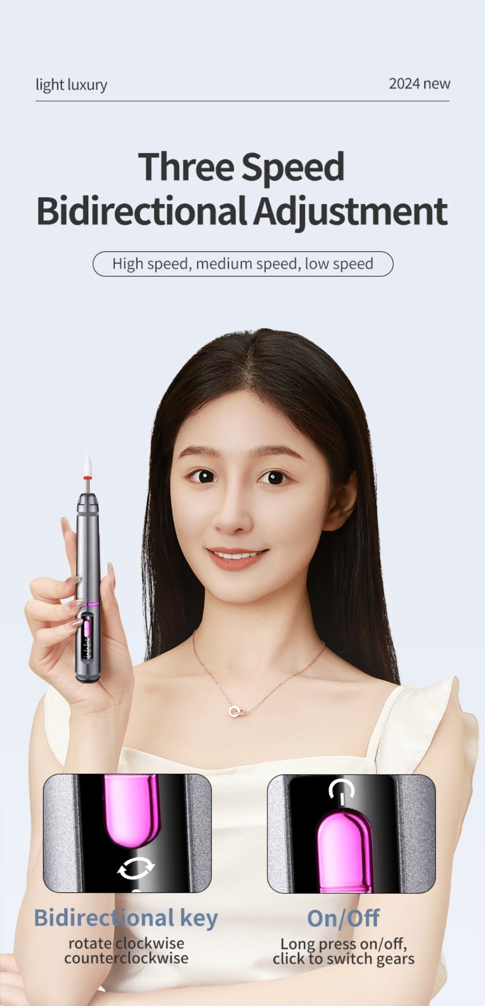 Professional Electric Nail Drill Pen Kit - 3-Speed, Bidirectional, Rechargeable Manicure & Pedicure Tool(Silver Gray) 7