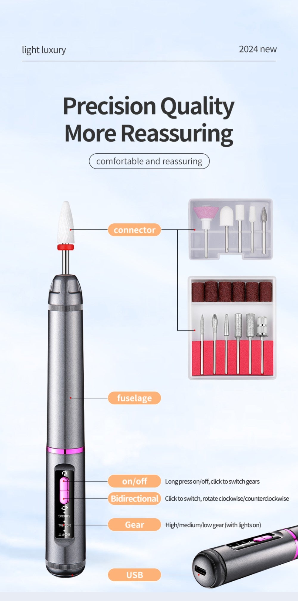 Professional Electric Nail Drill Pen Kit - 3-Speed, Bidirectional, Rechargeable Manicure & Pedicure Tool(Silver Gray) 9