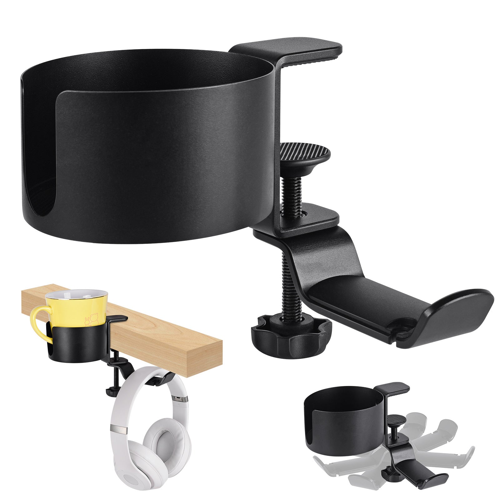 Heavy-Duty All-Metal Desk Clamp with 360-Degree Swivel Headphone Hanger & Cup Holder(black) 4