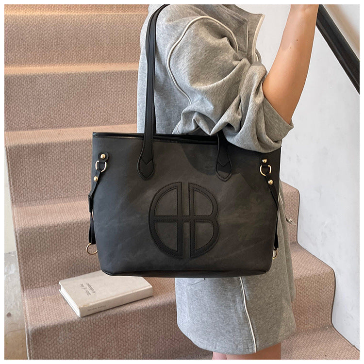 Stylish Large Capacity Tote Bag with PU Leather Trim & Logo Detail(Beige with brown) 6