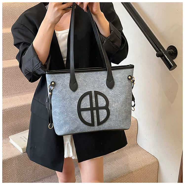 Stylish Large Capacity Tote Bag with PU Leather Trim & Logo Detail(Beige with brown) 7