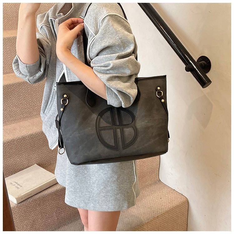 Stylish Large Capacity Tote Bag with PU Leather Trim & Logo Detail(Blue with black) 5