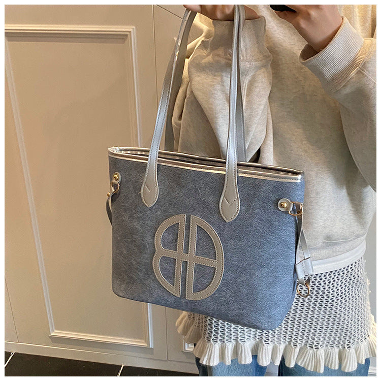 Stylish Large Capacity Tote Bag with PU Leather Trim & Logo Detail(Blue with Silver) 3