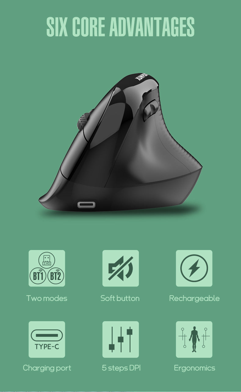 Two Ergonomic Vertical Wireless Mouse - Dual Mode (2.4G & Bluetooth), 5 Adjustable DPI, Silent Clicks, Rechargeable(black) 5