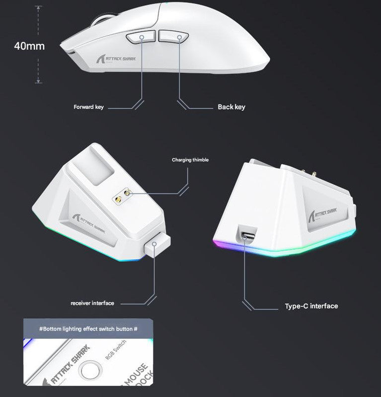 High-Performance Tri-Mode Wireless Gaming Mouse - 22000 DPI, Rechargeable, with RGB Charging Dock(white) 8