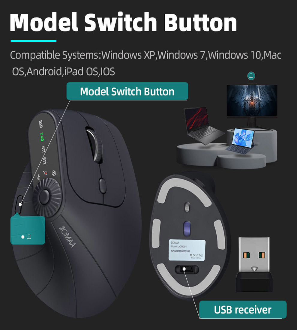 Ergonomic Vertical Mouse - 2.4G/Bluetooth Multi-Mode, LED Display, 57-Degree Angle, & 400mAh Battery(White) 4