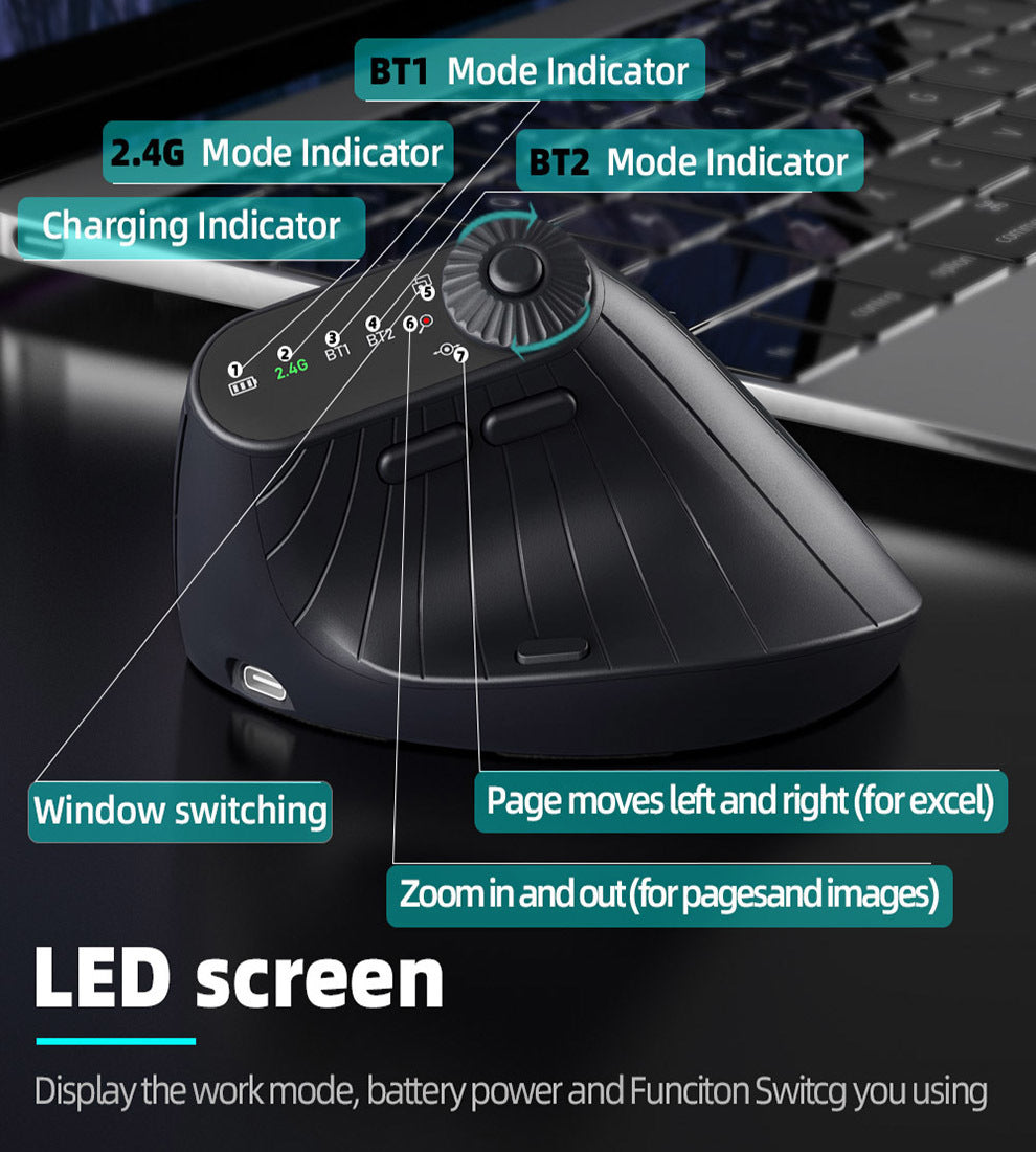 Ergonomic Vertical Mouse - 2.4G/Bluetooth Multi-Mode, LED Display, 57-Degree Angle, & 400mAh Battery(Beige) 3