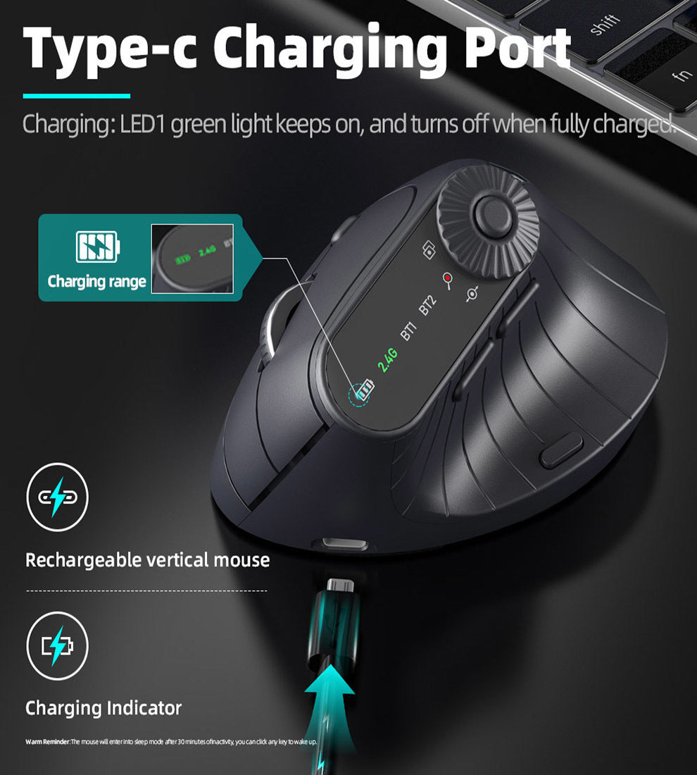 Ergonomic Vertical Mouse - 2.4G/Bluetooth Multi-Mode, LED Display, 57-Degree Angle, & 400mAh Battery(Black) 5