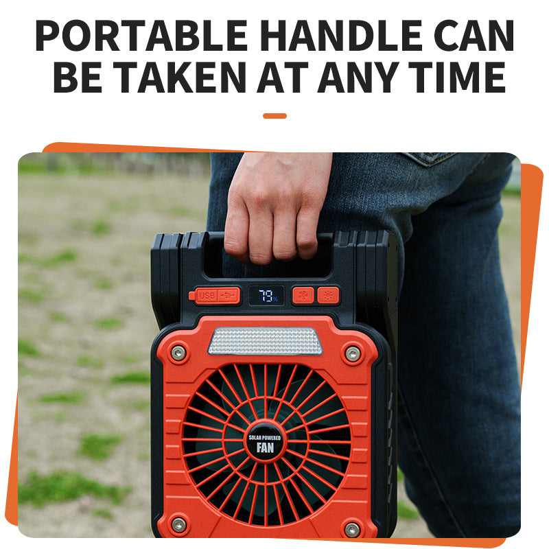 Solar & USB Rechargeable Camping Fan with LED Light - Portable Power Bank, 180° Collapsible(Orange) 4