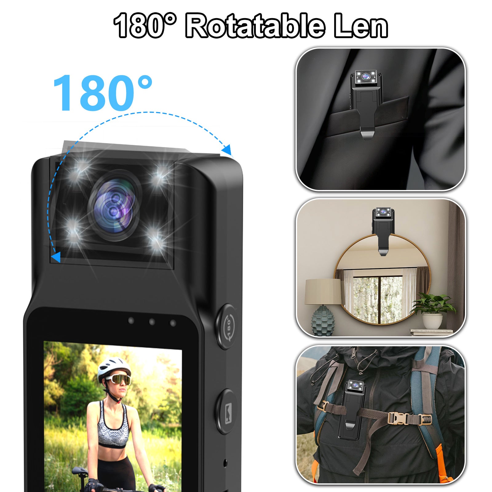 Mini Body Camera with 180 Rotatable Lens, Night Vision & Motion Detection - 1.3 Screen 1200mAh Battery(black+64G)" 3