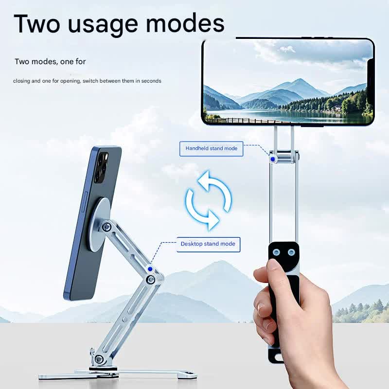 2-in-1 Magnetic Folding Stand for Phones & Tablets - Adjustable Aluminum Desktop & Handheld Holder(silver) 3