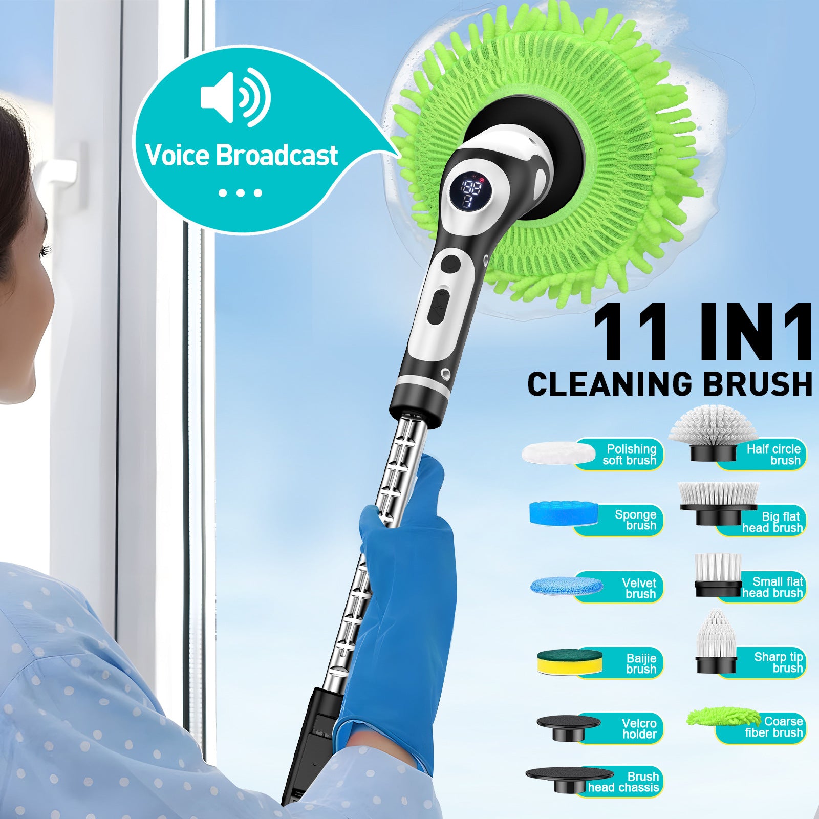 Multi-Functional Electric Spin Scrubber – 9 Heads • Extendable Handle • LED Display