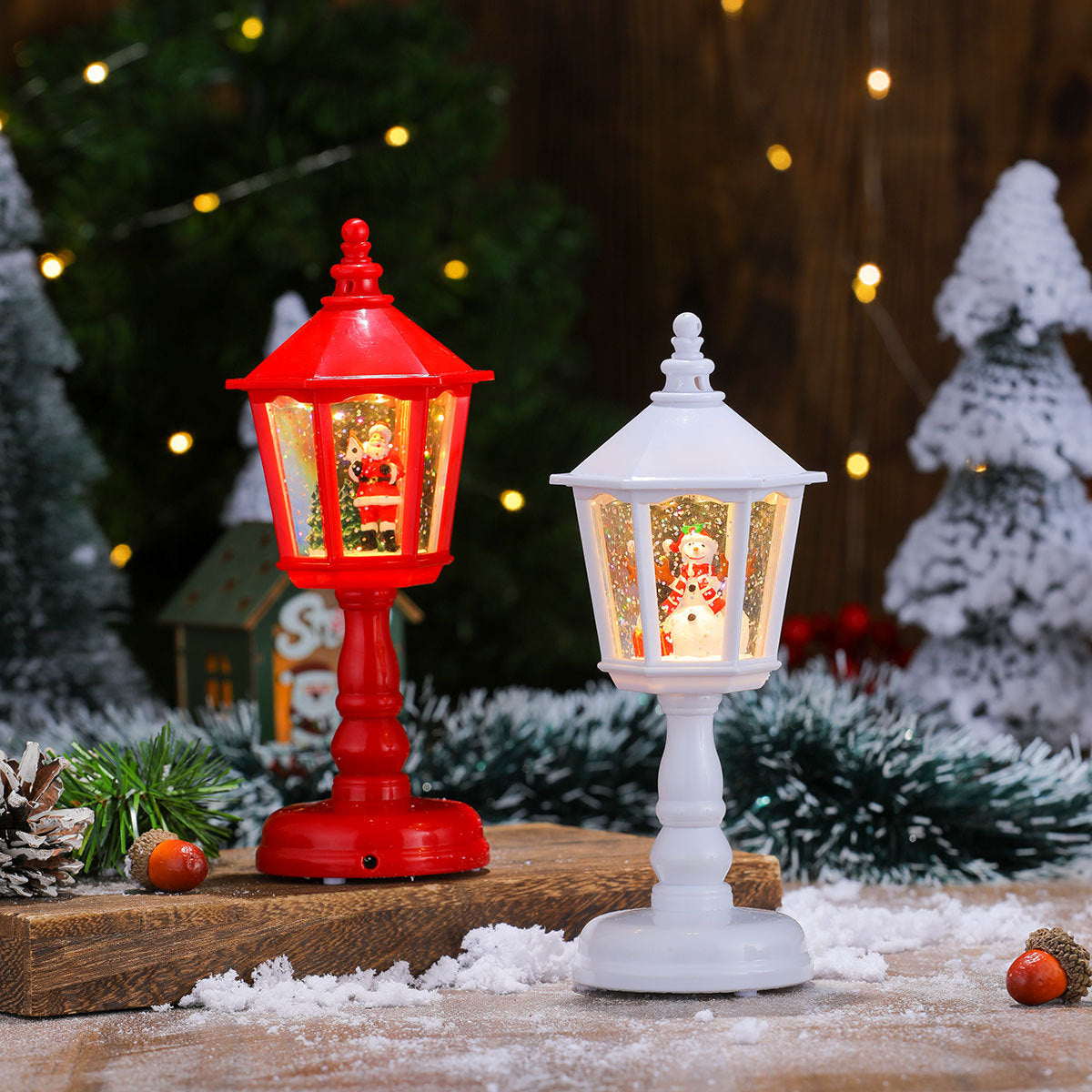 Festive LED Christmas Snow Globe Lantern - Glittering Tabletop Decoration with Santa/Snowman Scene, Dual Power(red) 4