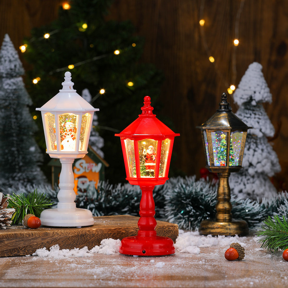 Festive LED Christmas Snow Globe Lantern - Glittering Tabletop Decoration with Santa/Snowman Scene, Dual Power(Bronze) 3