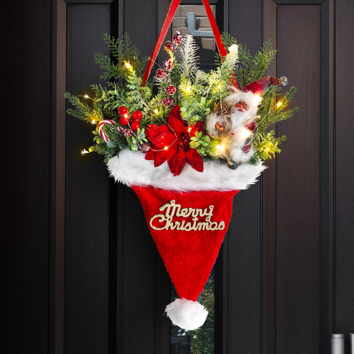 Illuminated Santa Hat Door Hanger with Holiday Greenery & Berries - Christmas Wall Decor(red)