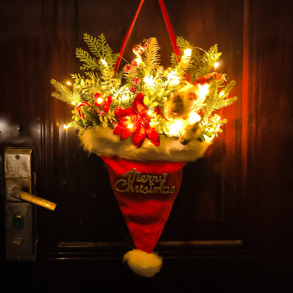 Illuminated Santa Hat Door Hanger with Holiday Greenery & Berries - Christmas Wall Decor(red) 3